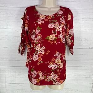 VTG IZ Byer y2k medium red floral women short sleeve blouse coquette cottage fal